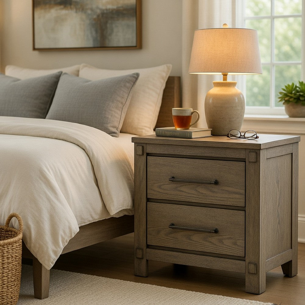 Cera Nightstand, 2 Drawers Bronze Handles, Antique White Oak Tone Wood - BM351841