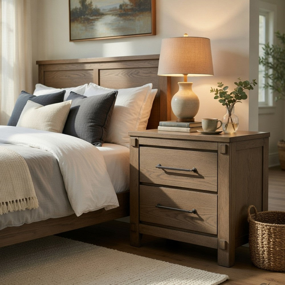 Cera Nightstand, 2 Drawers Bronze Handles, Antique White Oak Tone Wood - BM351841