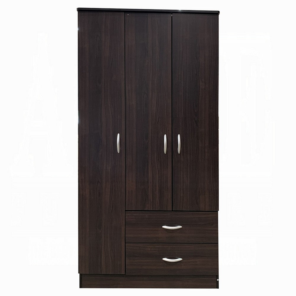 Leh 3 Door Wardrobe Closet with 2 Drawers, Espresso Brown Wood, 72 Inch - BM351843