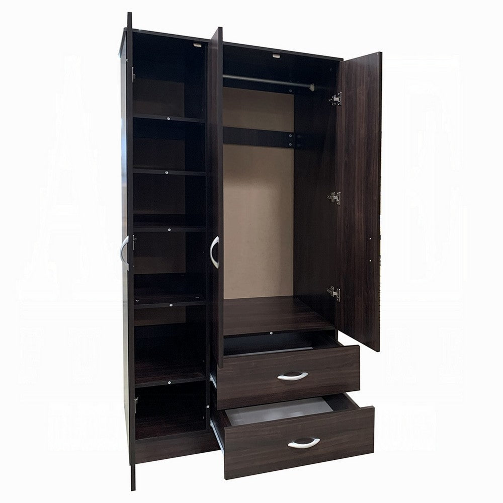 Leh 3 Door Wardrobe Closet with 2 Drawers, Espresso Brown Wood, 72 Inch - BM351843