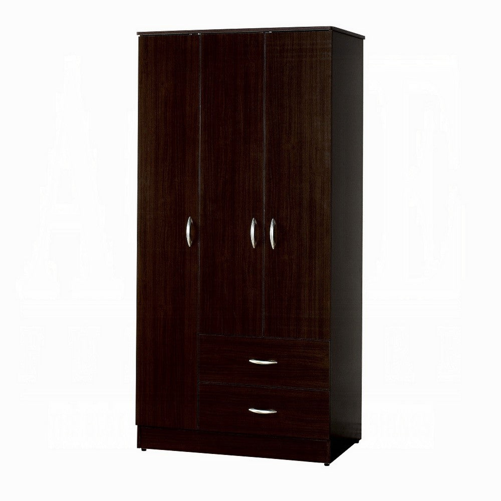 Leh 3 Door Wardrobe Closet with 2 Drawers, Espresso Brown Wood, 72 Inch - BM351843