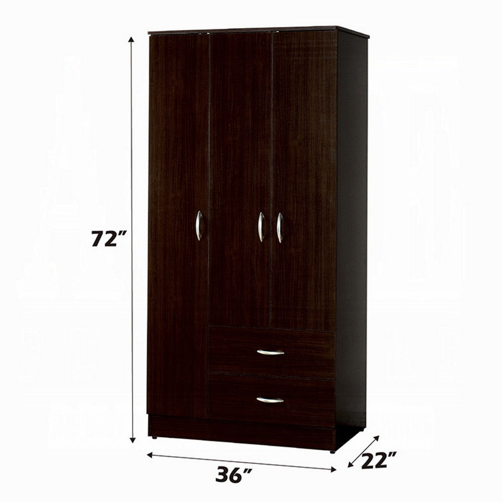Leh 3 Door Wardrobe Closet with 2 Drawers, Espresso Brown Wood, 72 Inch - BM351843