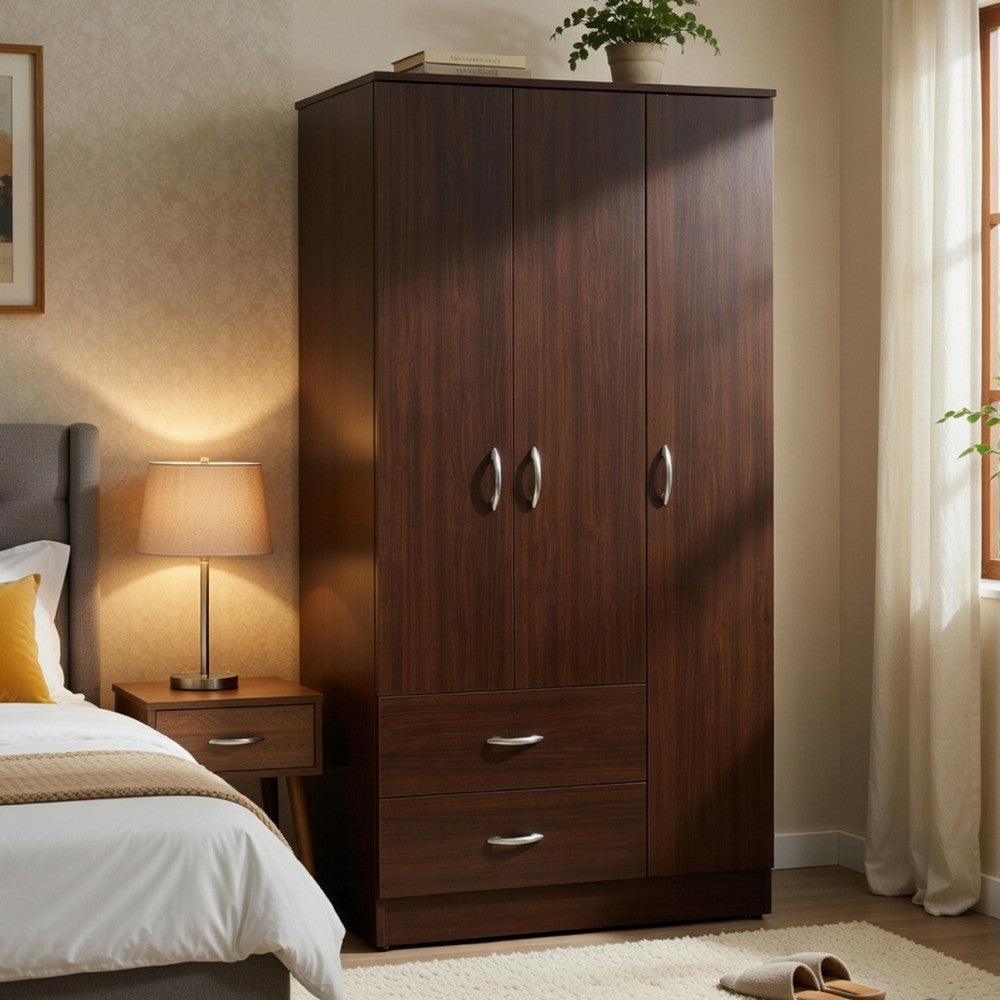 Leh 3 Door Wardrobe Closet with 2 Drawers, Espresso Brown Wood, 72 Inch - BM351843