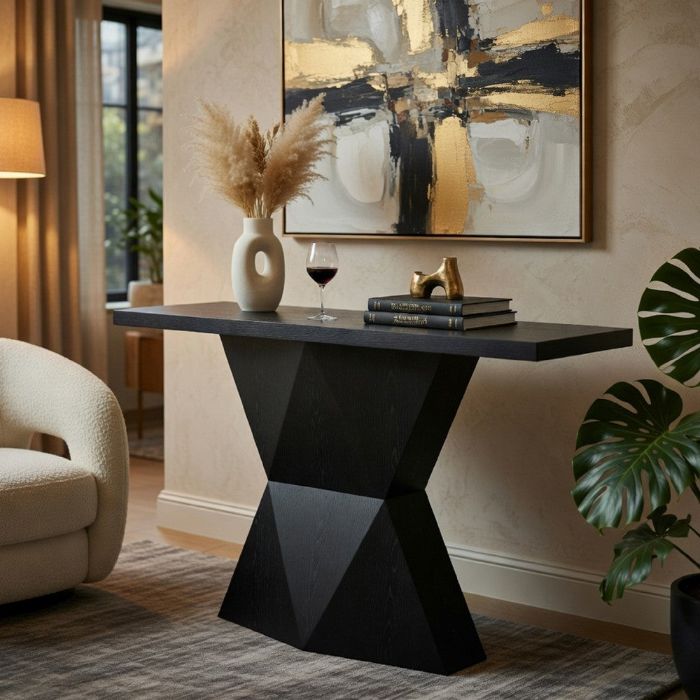 Kia Sofa Console Table, 47 Inch Top, Geometric Pedestal Base, Black - BM351845