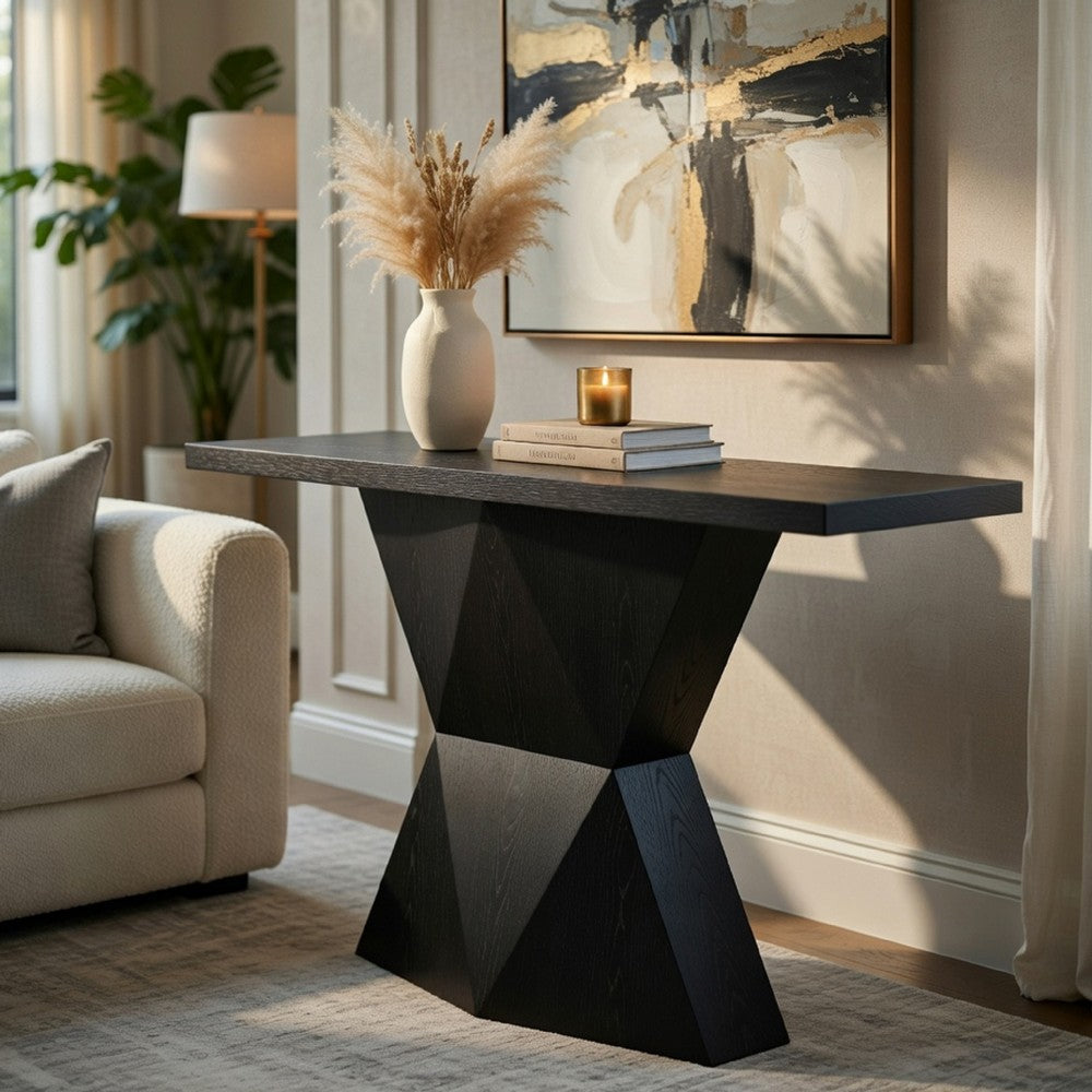 Kia Sofa Console Table, 47 Inch Top, Geometric Pedestal Base, Black - BM351845