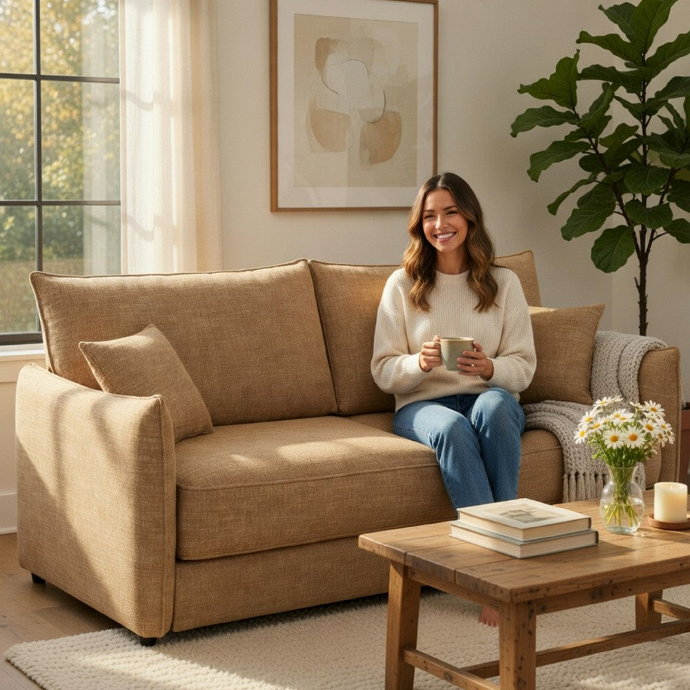 Mea Full Size Sleeper Sofa, 2 Throw Pillows, Plush Mocha Brown Chenille - BM351848