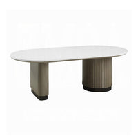 Jeh Coffee Table, 55 Inch White Oval Top, Dual Pedestal Base, Oak Brown - BM351853