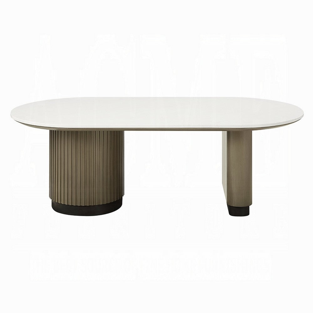 Jeh Coffee Table, 55 Inch White Oval Top, Dual Pedestal Base, Oak Brown - BM351853