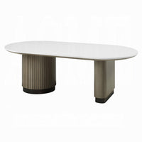 Jeh Coffee Table, 55 Inch White Oval Top, Dual Pedestal Base, Oak Brown - BM351853