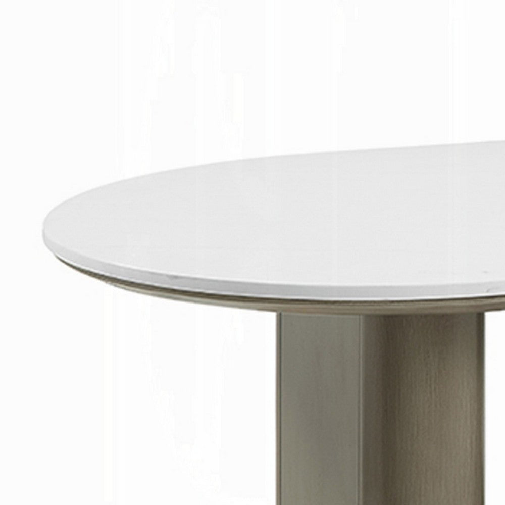 Jeh Coffee Table, 55 Inch White Oval Top, Dual Pedestal Base, Oak Brown - BM351853