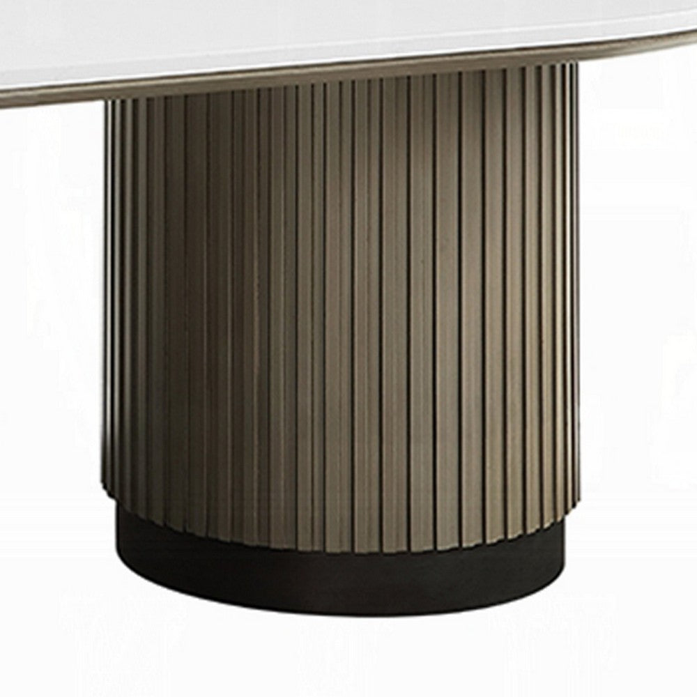 Jeh Coffee Table, 55 Inch White Oval Top, Dual Pedestal Base, Oak Brown - BM351853