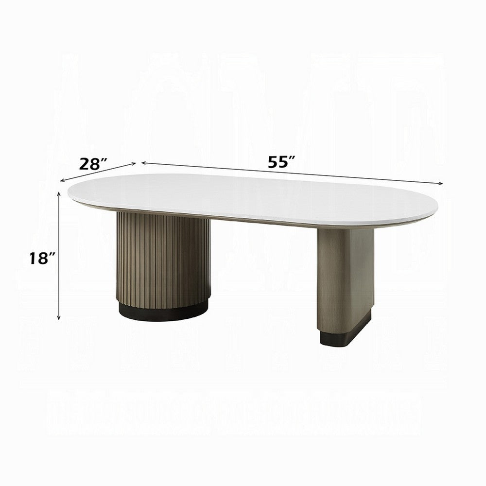 Jeh Coffee Table, 55 Inch White Oval Top, Dual Pedestal Base, Oak Brown - BM351853