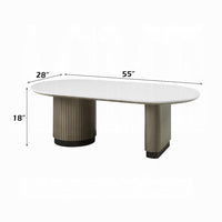 Jeh Coffee Table, 55 Inch White Oval Top, Dual Pedestal Base, Oak Brown - BM351853