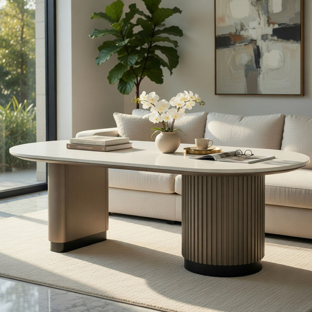 Jeh Coffee Table, 55 Inch White Oval Top, Dual Pedestal Base, Oak Brown - BM351853