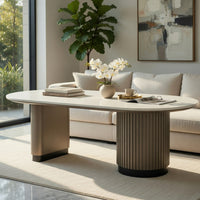 Jeh Coffee Table, 55 Inch White Oval Top, Dual Pedestal Base, Oak Brown - BM351853