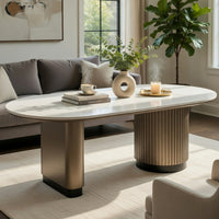 Jeh Coffee Table, 55 Inch White Oval Top, Dual Pedestal Base, Oak Brown - BM351853