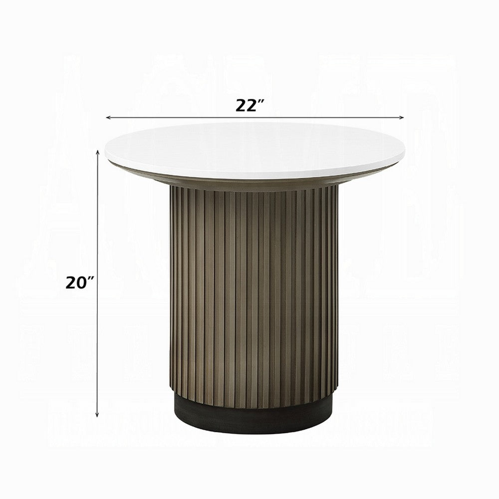 Jeh Side End Table, 22 Inch White Round Top, Fluted Base, Oak Brown - BM351854