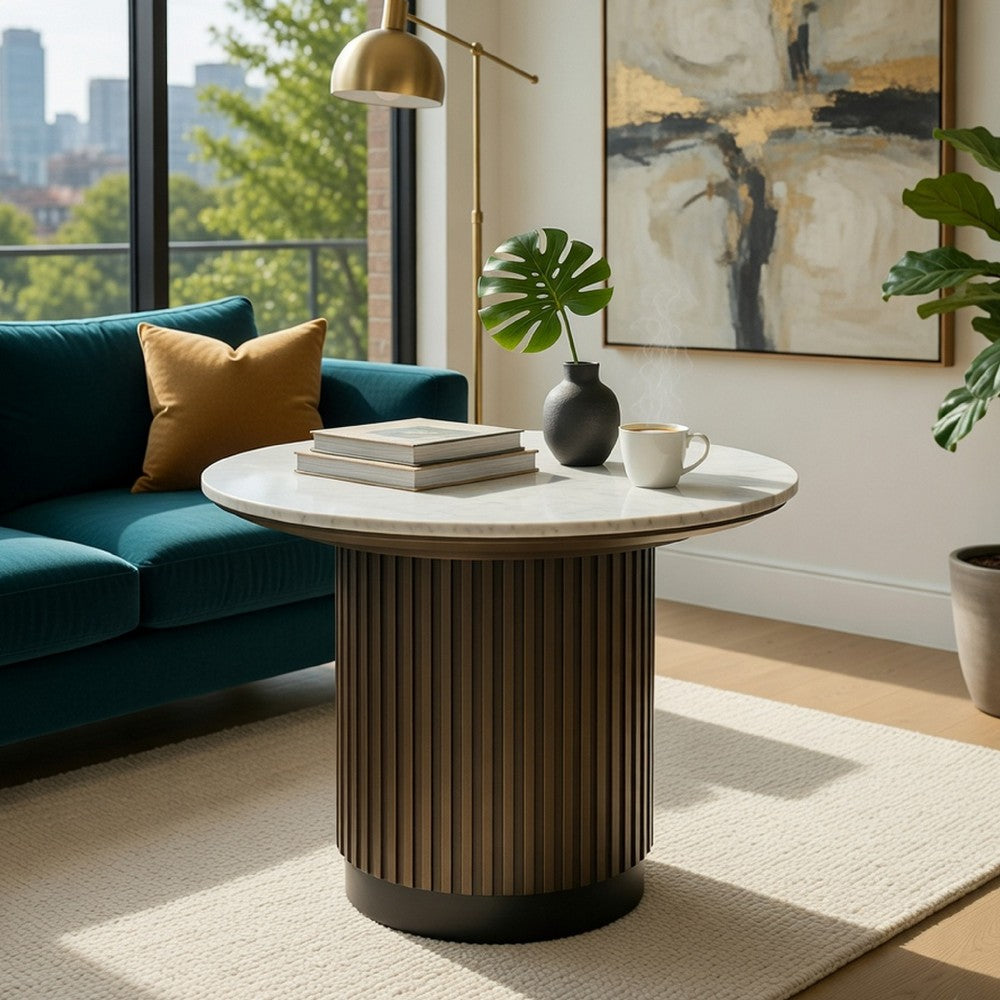 Jeh Side End Table, 22 Inch White Round Top, Fluted Base, Oak Brown - BM351854