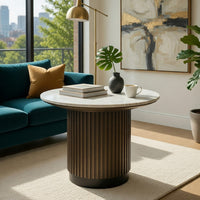 Jeh Side End Table, 22 Inch White Round Top, Fluted Base, Oak Brown - BM351854