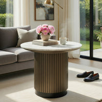 Jeh Side End Table, 22 Inch White Round Top, Fluted Base, Oak Brown - BM351854