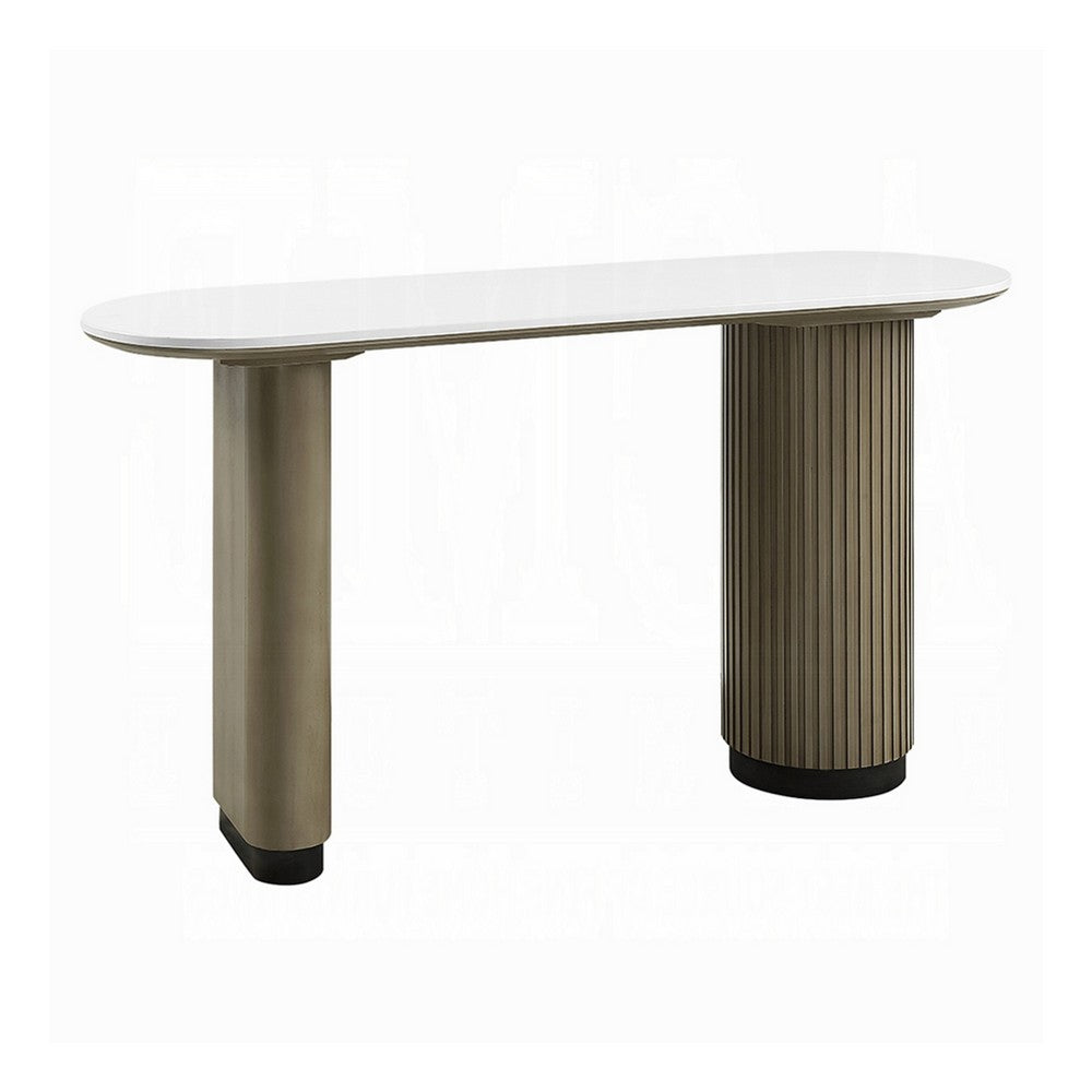Jeh Sofa Console Table, 55 Inch White Oval Top, Pedestal Base, Oak Brown - BM351855