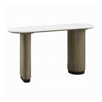 Jeh Sofa Console Table, 55 Inch White Oval Top, Pedestal Base, Oak Brown - BM351855