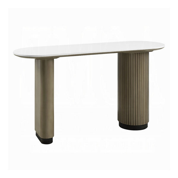 Jeh Sofa Console Table, 55 Inch White Oval Top, Pedestal Base, Oak Brown - BM351855