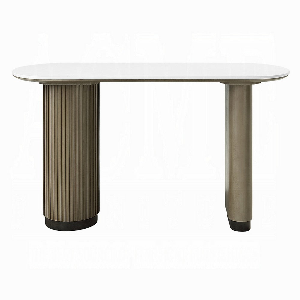 Jeh Sofa Console Table, 55 Inch White Oval Top, Pedestal Base, Oak Brown - BM351855