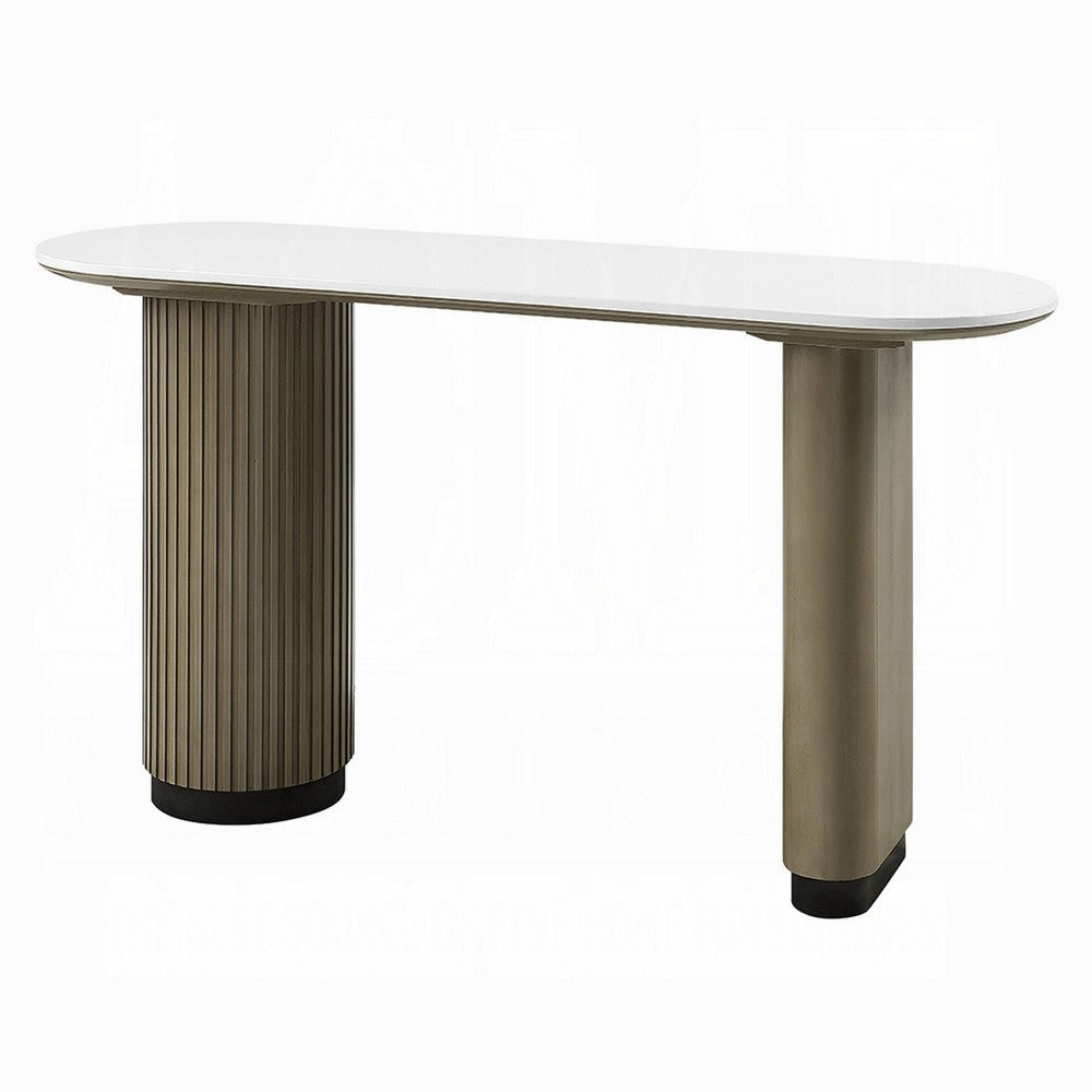 Jeh Sofa Console Table, 55 Inch White Oval Top, Pedestal Base, Oak Brown - BM351855