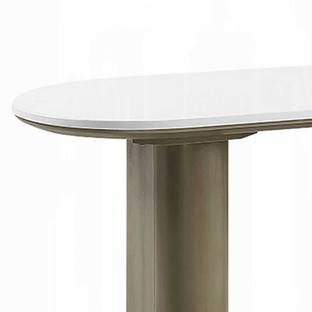 Jeh Sofa Console Table, 55 Inch White Oval Top, Pedestal Base, Oak Brown - BM351855