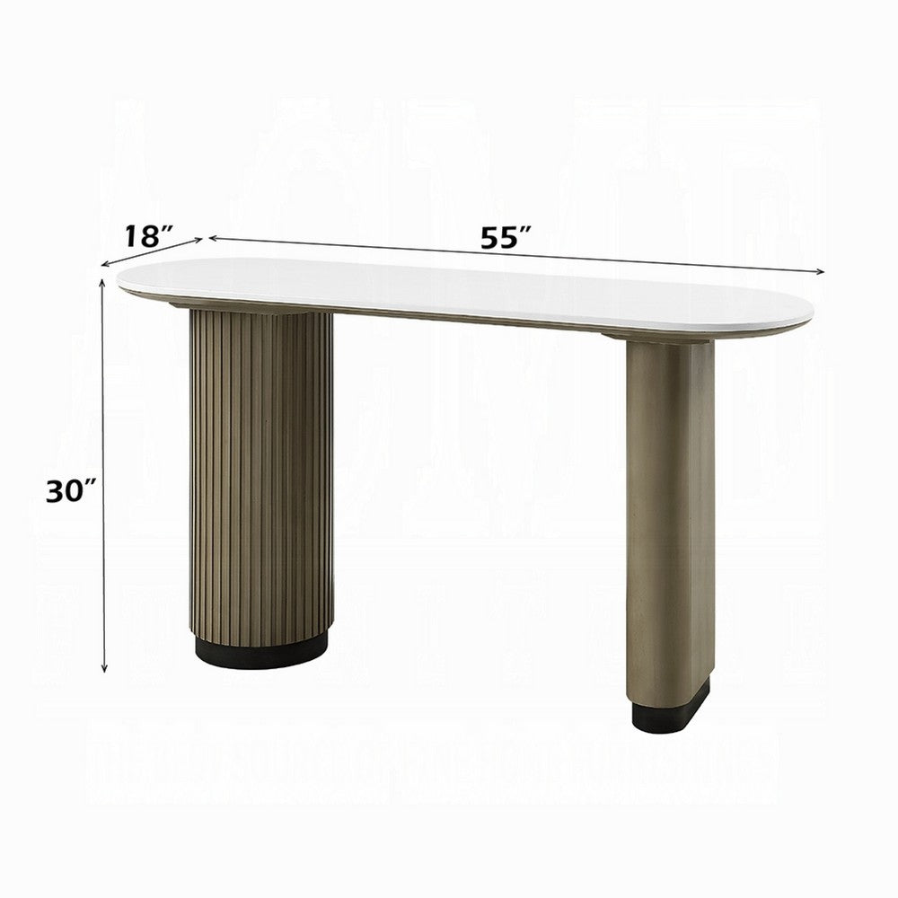 Jeh Sofa Console Table, 55 Inch White Oval Top, Pedestal Base, Oak Brown - BM351855