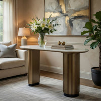 Jeh Sofa Console Table, 55 Inch White Oval Top, Pedestal Base, Oak Brown - BM351855