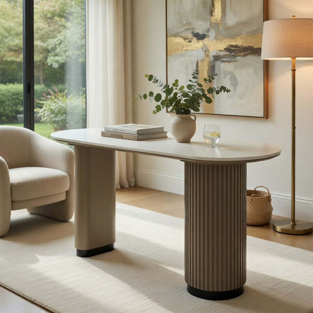 Jeh Sofa Console Table, 55 Inch White Oval Top, Pedestal Base, Oak Brown - BM351855