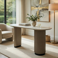 Jeh Sofa Console Table, 55 Inch White Oval Top, Pedestal Base, Oak Brown - BM351855