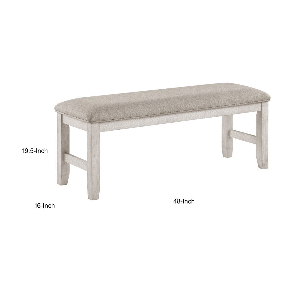 Vile Dining Bench, Light Gray Upholstery, Distressed White, 48 Inch - BM351862