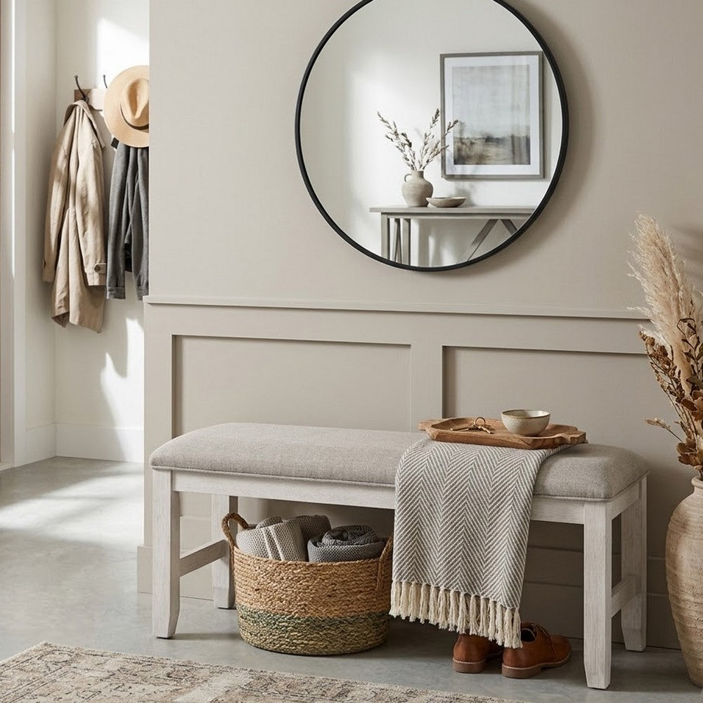 Vile Dining Bench, Light Gray Upholstery, Distressed White, 48 Inch - BM351862