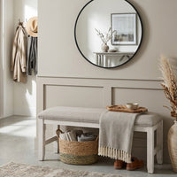 Vile Dining Bench, Light Gray Upholstery, Distressed White, 48 Inch - BM351862