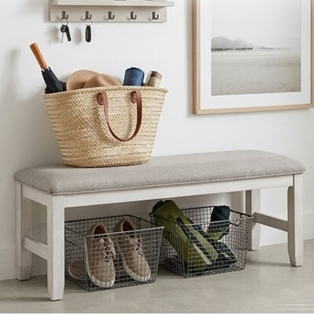 Vile Dining Bench, Light Gray Upholstery, Distressed White, 48 Inch - BM351862