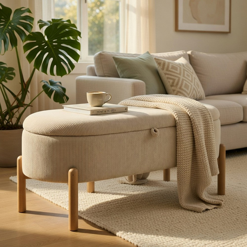 Mony Bench with Lift Top Storage, Taupe Corduroy, 43 Inch Brown Frame - BM351865