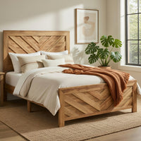 Adia Queen Size Bed, Chevron Patterned Headboard, Natural Brown - BM351866