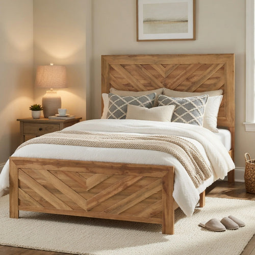 Adia Queen Size Bed, Chevron Patterned Headboard, Natural Brown - BM351866