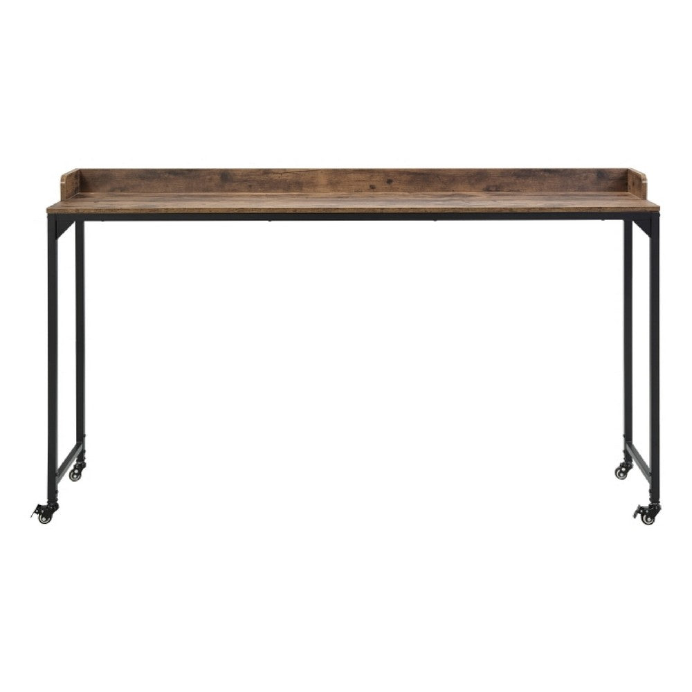 Sem Overbed Table, 72 Inch Rustic Brown Desk Top on Wheels, Black Metal - BM351870
