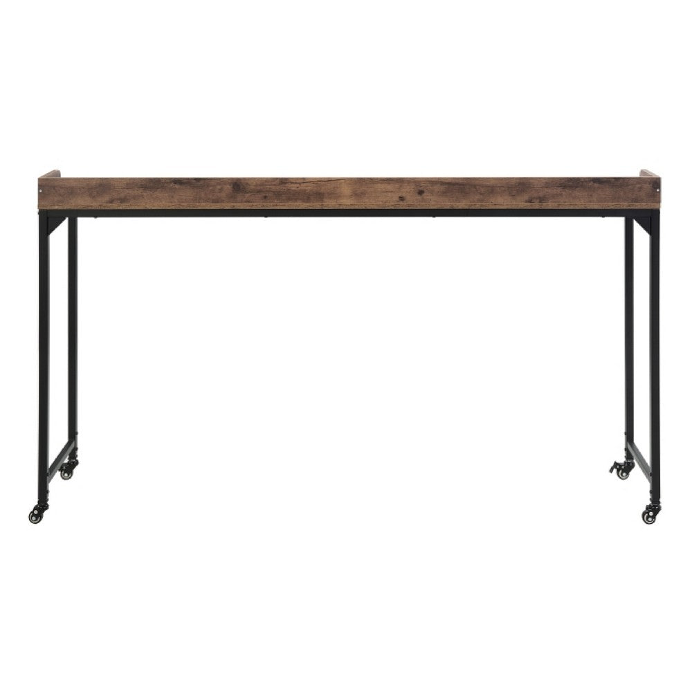 Sem Overbed Table, 72 Inch Rustic Brown Desk Top on Wheels, Black Metal - BM351870