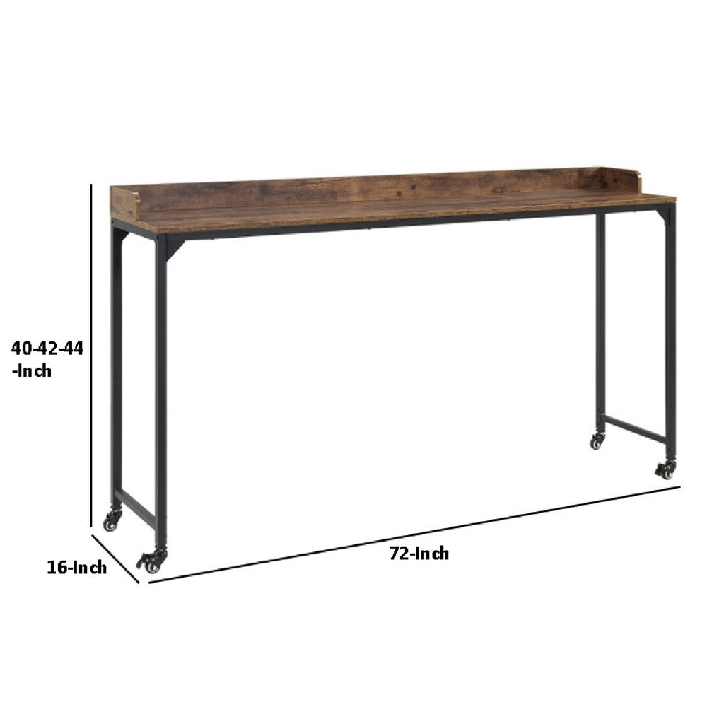 Sem Overbed Table, 72 Inch Rustic Brown Desk Top on Wheels, Black Metal - BM351870