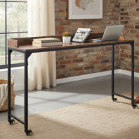 Sem Overbed Table, 72 Inch Rustic Brown Desk Top on Wheels, Black Metal - BM351870