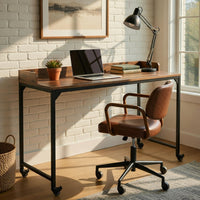 Sem Overbed Table, 72 Inch Rustic Brown Desk Top on Wheels, Black Metal - BM351870