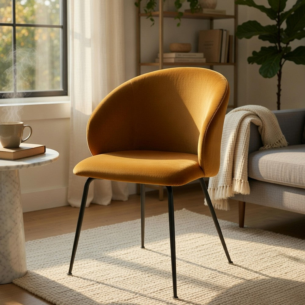 Salie Dining Chair Set of 2, Curved Back, Mustard Yellow Velvet, Black - BM351874