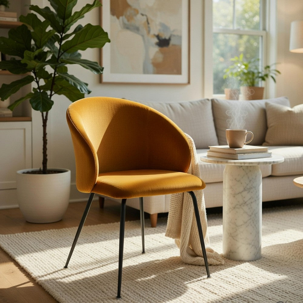 Salie Dining Chair Set of 2, Curved Back, Mustard Yellow Velvet, Black - BM351874