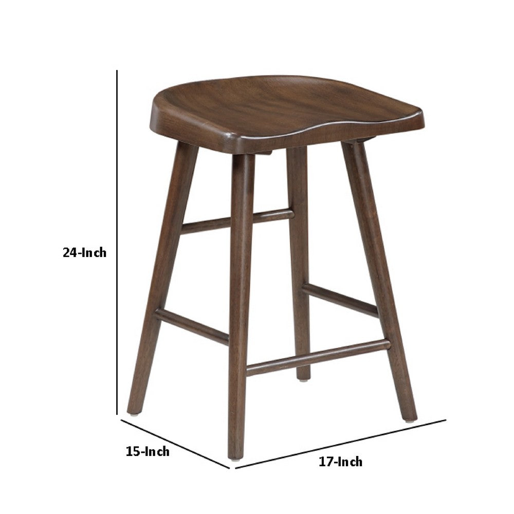 Vira 24 Inch Counter Height Stool Set of 2, Saddle Seat, Brown Wood - BM351879