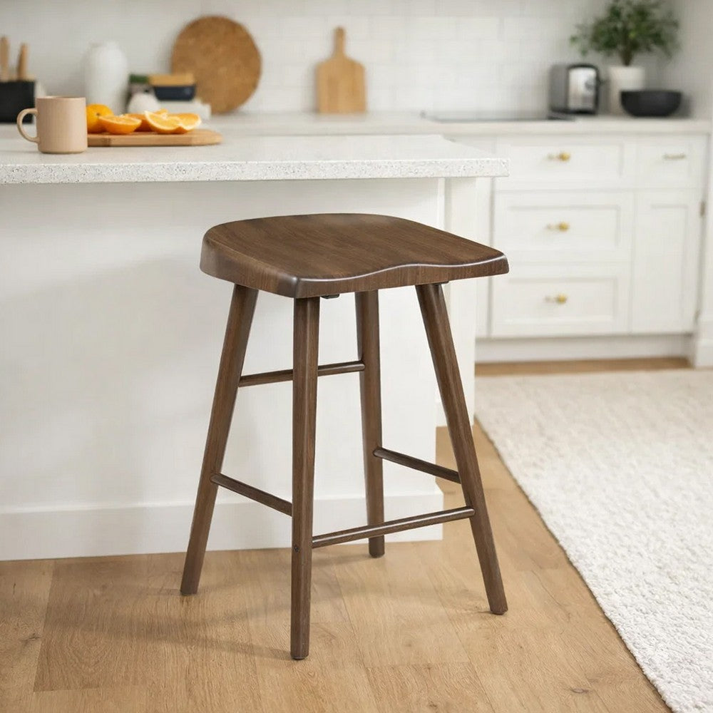 Vira 24 Inch Counter Height Stool Set of 2, Saddle Seat, Brown Wood - BM351879